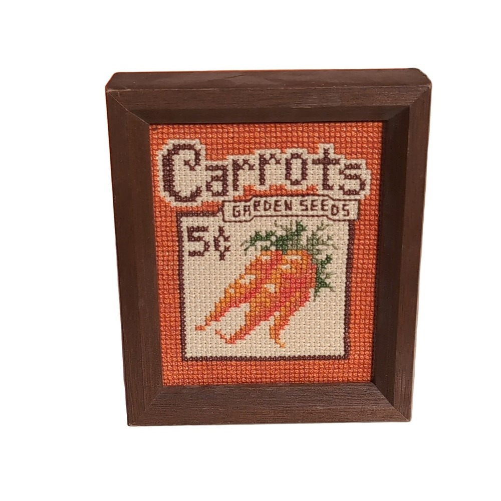 Sunset Designs Carrot Seeds 936 Cross Stitch Wall Art Framed 1980 Food Drink